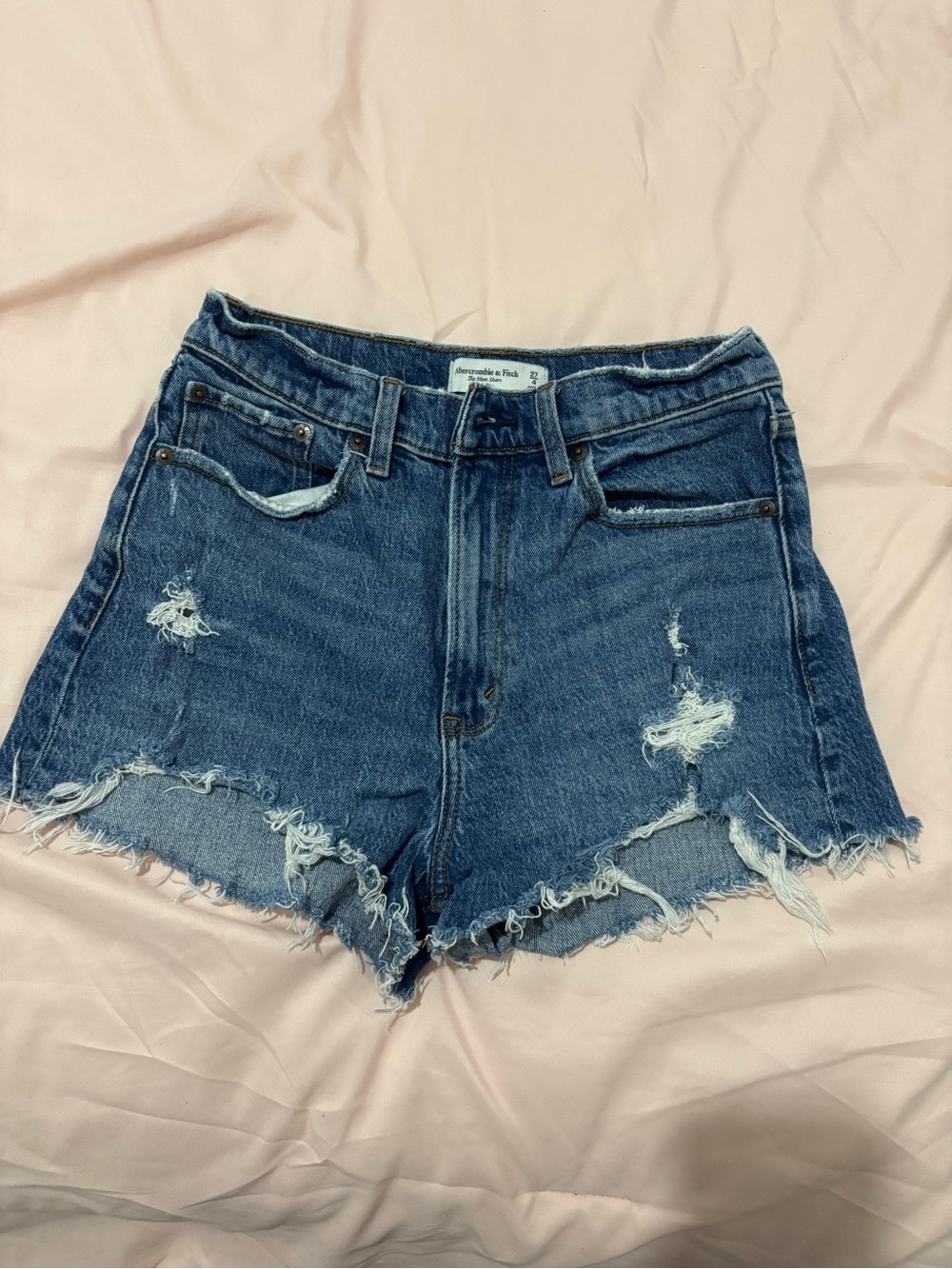 Abercrombie & Fitch curve love High-Rise Distressed Denim mom Shorts - Blue